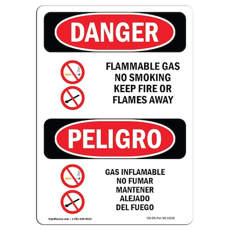 OSHA Danger Sign, Flammable Gas No Smoking Bilingual, 24in X 18in Rigid Plastic